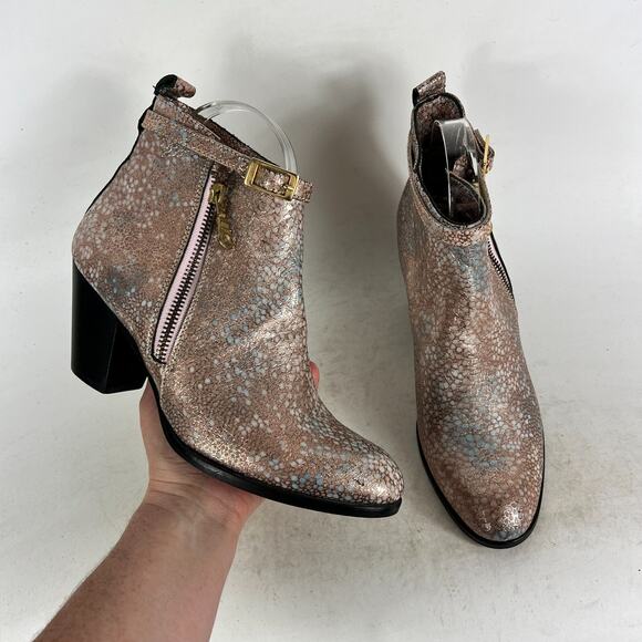 Modern Vice Ankle Boots Women's 7 Metallic Pink Snake Skin Leather Heel Bootie - Picture 1 of 9